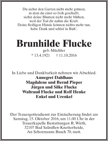 Anzeige  Brunhilde Flucke  Lippische Landes-Zeitung