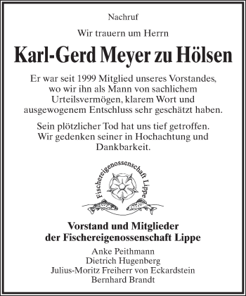 Anzeige  Karl-Gerd Meyer zu Hölsen  Lippische Landes-Zeitung