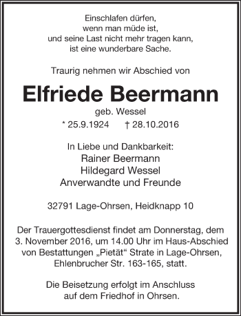 Anzeige  Elfriede Beermann  Lippische Landes-Zeitung
