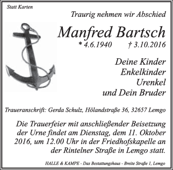 Anzeige  Manfred Bartsch  Lippische Landes-Zeitung
