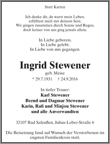 Anzeige  Ingrid Stewener  Lippische Landes-Zeitung
