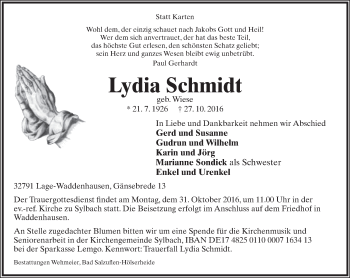 Anzeige  Lydia Schmidt  Lippische Landes-Zeitung