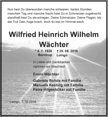 Anzeige  Wilfried Heinrich Wilhelm Wächter  Lippische Landes-Zeitung