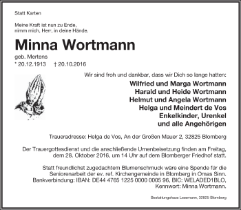 Anzeige  Minna Wortmann  Lippische Landes-Zeitung