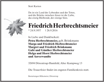 Anzeige  Friedrich Herbrechtsmeier  Lippische Landes-Zeitung