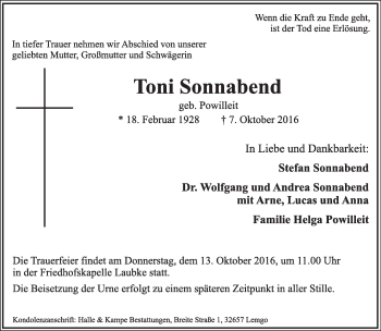 Anzeige  Toni Sonnabend  Lippische Landes-Zeitung