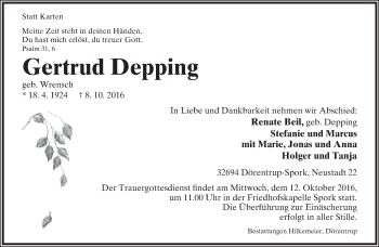 Anzeige  Gertrud Depping  Lippische Landes-Zeitung