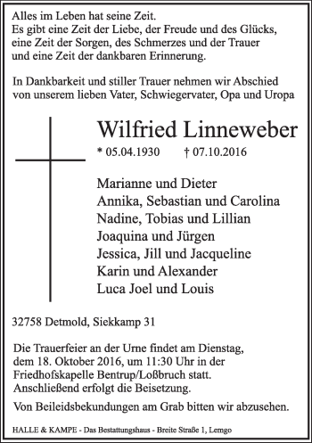 Anzeige  Wilfried Linneweber  Lippische Landes-Zeitung