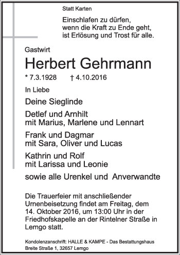 Anzeige  Herbert Gehrmann  Lippische Landes-Zeitung