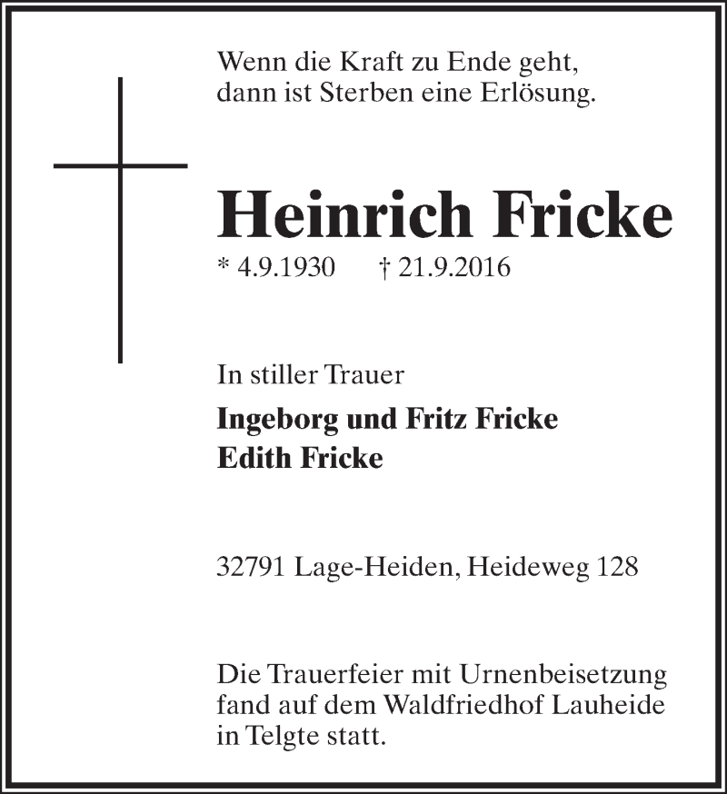  Traueranzeige für Heinrich Fricke vom 21.10.2016 aus Lippische Landes-Zeitung