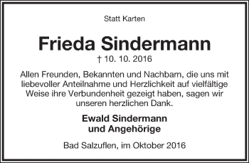 Anzeige  Frieda Sindermann  Lippische Landes-Zeitung