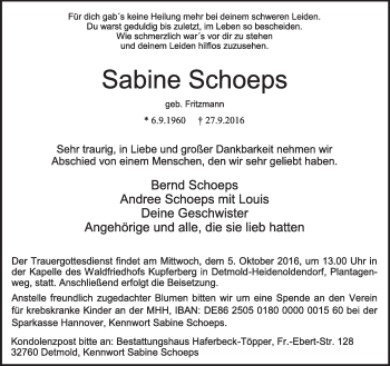 Anzeige  Sabine Schoeps  Lippische Landes-Zeitung