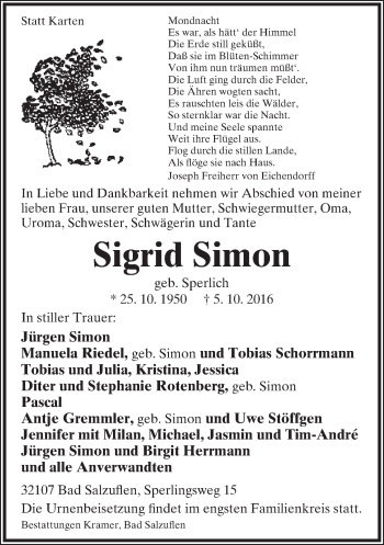 Anzeige  Sigrid Simon  Lippische Landes-Zeitung