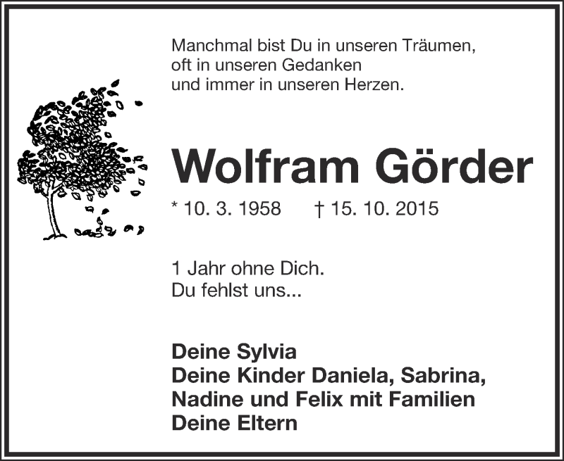  Traueranzeige für Wolfram Görder vom 15.10.2016 aus Lippische Landes-Zeitung