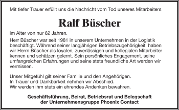 Anzeige  Ralf Büscher  Lippische Landes-Zeitung