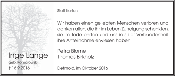 Anzeige  Inge Lange  Lippische Landes-Zeitung