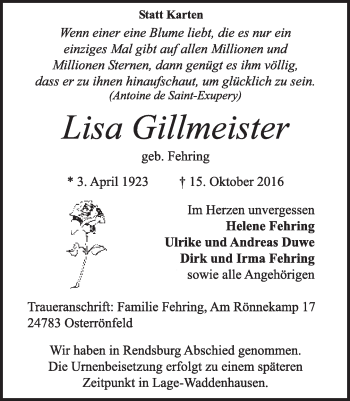 Anzeige  Lisa Gillmeister  Lippische Landes-Zeitung