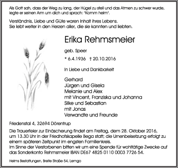 Anzeige  Erika Rehmsmeier  Lippische Landes-Zeitung
