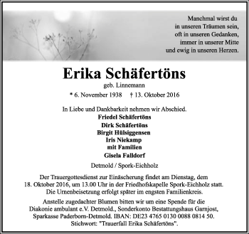 Anzeige  Erika Schäfertöns  Lippische Landes-Zeitung