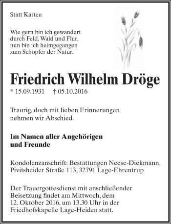 Anzeige  Friedrich Wilhelm Dröge  Lippische Landes-Zeitung