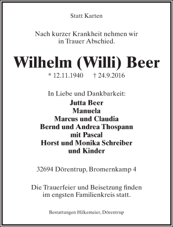 Anzeige  Wilhelm  Beer  Lippische Landes-Zeitung