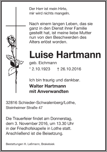 Anzeige  Luise Hartmann  Lippische Landes-Zeitung