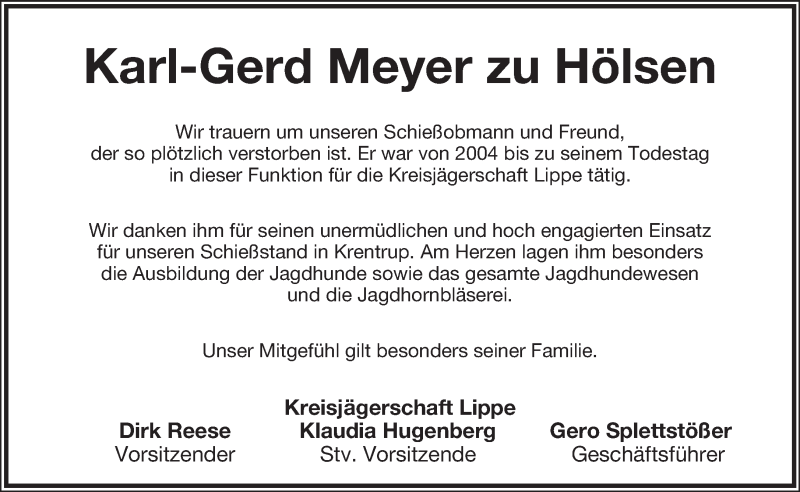  Traueranzeige für Karl-Gerd Meyer zu Hölsen vom 15.10.2016 aus Lippische Landes-Zeitung