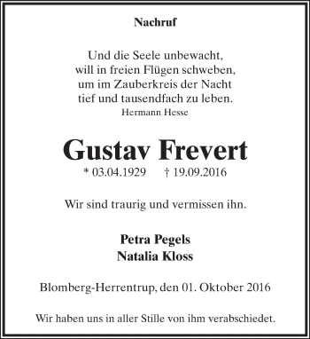 Anzeige  Gustav Frevert  Lippische Landes-Zeitung