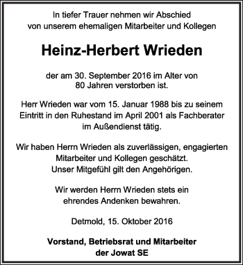 Anzeige  Heinz-Herbert Wrieden  Lippische Landes-Zeitung