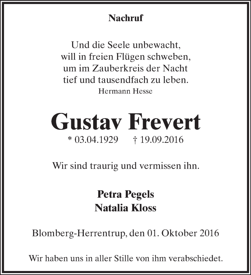  Traueranzeige für Gustav Frevert vom 01.10.2016 aus Lippische Landes-Zeitung