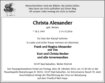 Anzeige  Christa Alexander  Lippische Landes-Zeitung