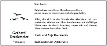 Anzeige  Gerhard Dreckmeier  Lippische Landes-Zeitung