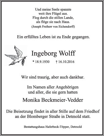 Anzeige  Ingeborg Wolff  Lippische Landes-Zeitung