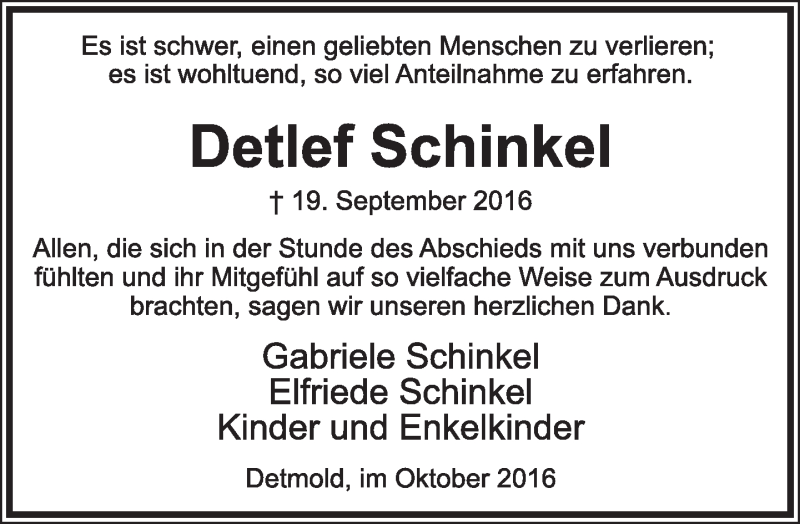  Traueranzeige für Detlef Schinkel vom 15.10.2016 aus Lippische Landes-Zeitung