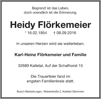 Anzeige  Heidy Flörkemeier  Lippische Landes-Zeitung