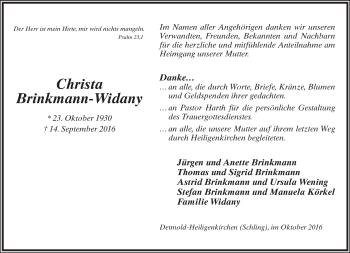Anzeige  Christa Brinkmann-Widany  Lippische Landes-Zeitung