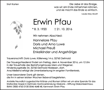 Anzeige  Erwin Pfau  Lippische Landes-Zeitung