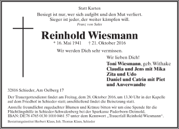Anzeige  Reinhold Wiesmann  Lippische Landes-Zeitung
