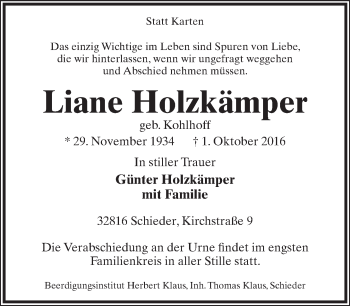 Anzeige  Liane Holzkämper  Lippische Landes-Zeitung