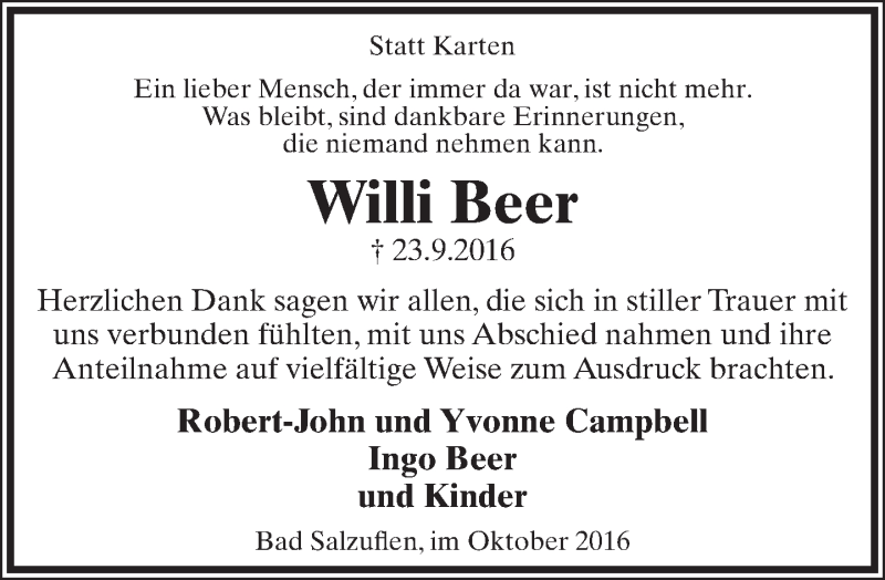  Traueranzeige für Willi Beer vom 29.10.2016 aus Lippische Landes-Zeitung