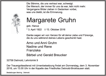 Anzeige  Margarete Gruhn  Lippische Landes-Zeitung