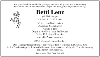 Anzeige  Betti Lenz  Lippische Landes-Zeitung