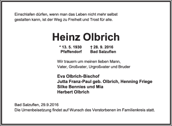 Anzeige  Heinz Olbrich  Lippische Landes-Zeitung