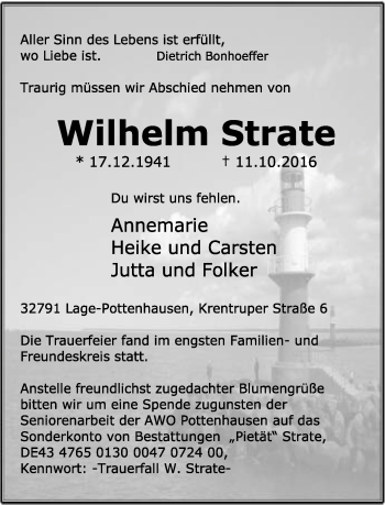 Anzeige  Wilhelm Strate  Lippische Landes-Zeitung
