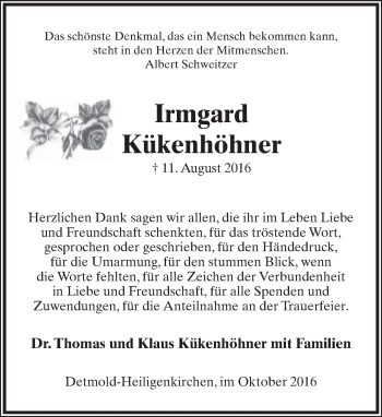 Anzeige  Irmgard Kükenhöhner  Lippische Landes-Zeitung