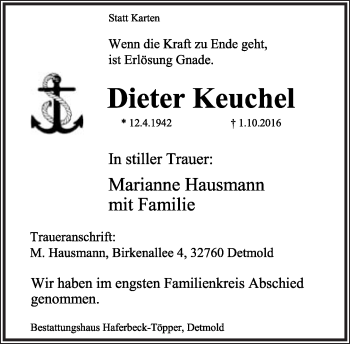 Anzeige  Dieter Keuchel  Lippische Landes-Zeitung