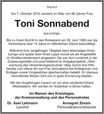Anzeige  Toni Sonnabend  Lippische Landes-Zeitung