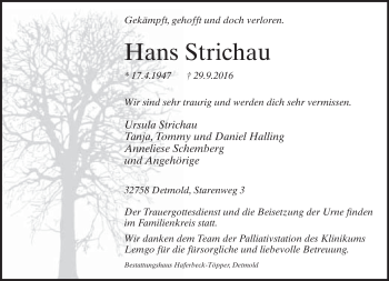 Anzeige  Hans Strichau  Lippische Landes-Zeitung