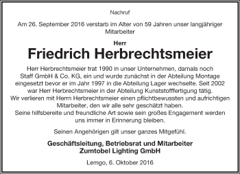 Anzeige  Friedrich Herbrechtsmeier  Lippische Landes-Zeitung