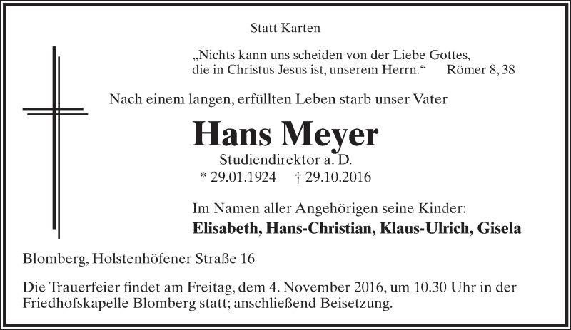  Traueranzeige für Hans Meyer vom 31.10.2016 aus Lippische Landes-Zeitung